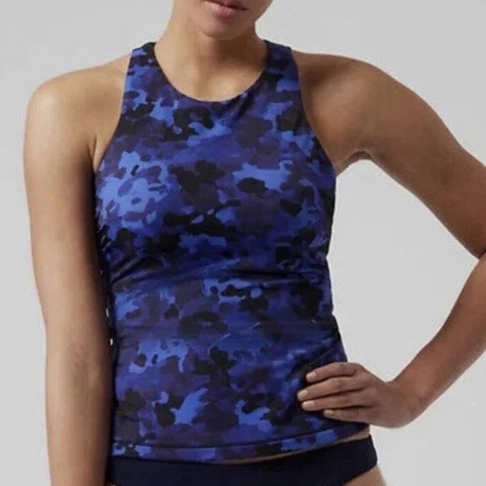 Athleta NWT Maldives Bra Cup Tankini Blue Camo Swimwear Womens Size 38B/C